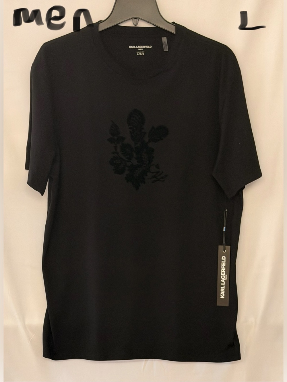 Karl Lagerfeld Black Short-Sleeve Tee with Tonal Floral Emblem